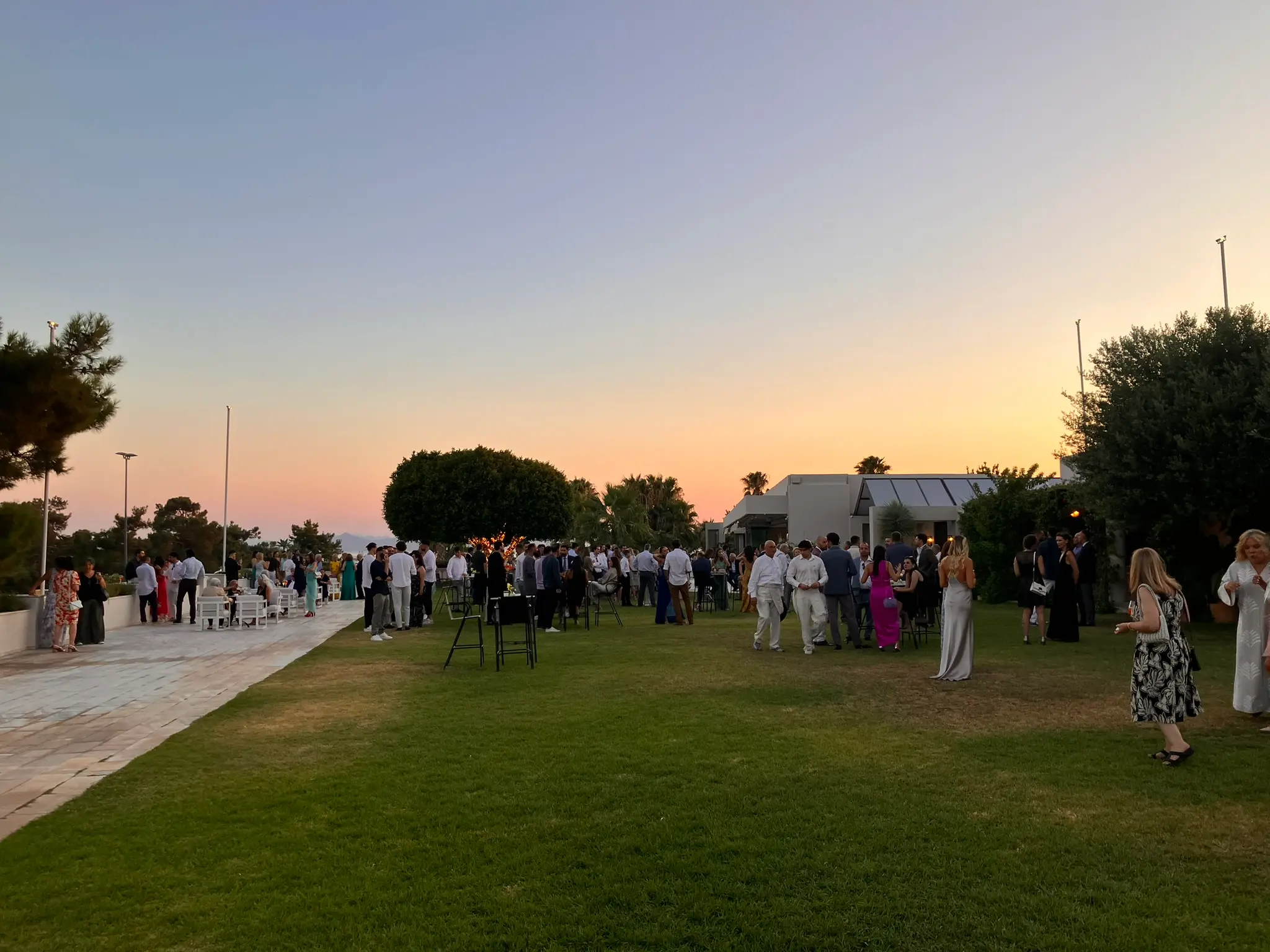 Destination wedding Greece garden sunset