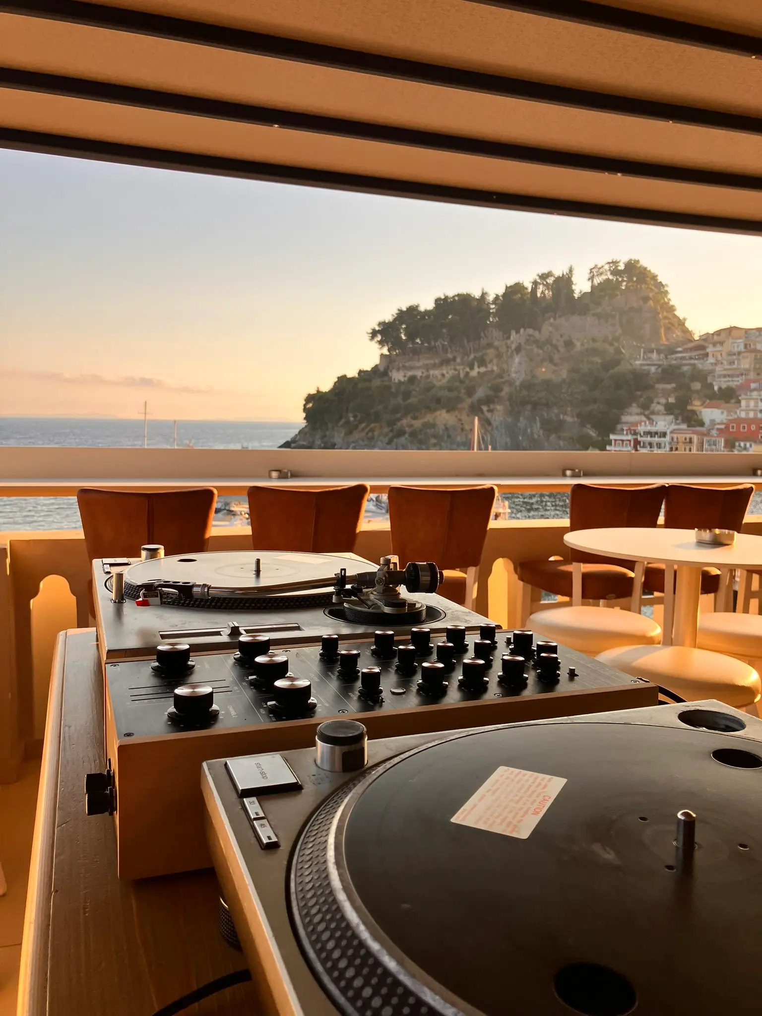 Vinyl turntables at sunset Parga Greece